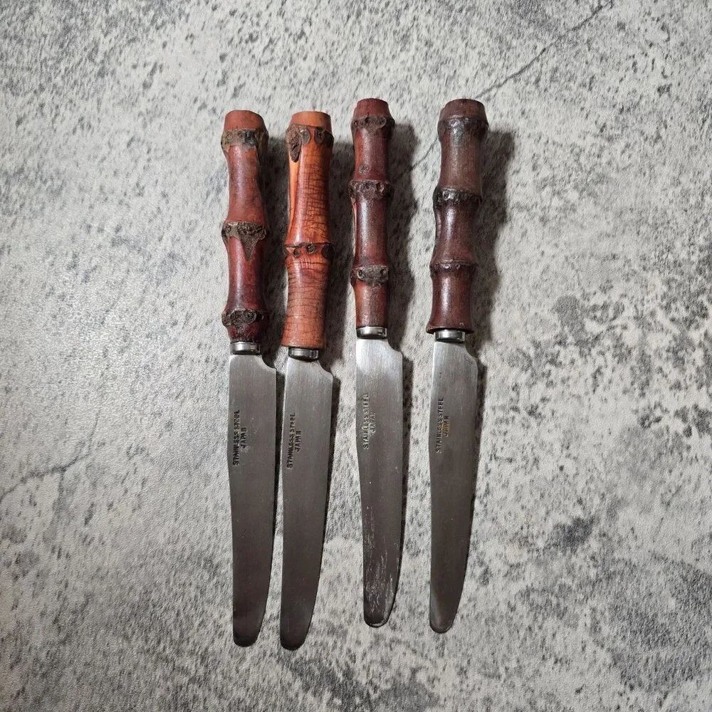 Bamboo Handle Cutlery Knifes Stainless Seki Hamonockk 4pcs Japan MCM Mid Century